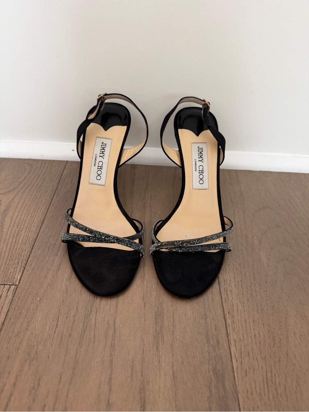 Jimmy Choo India Black Satin Heeled Sandals with Sparkle Straps